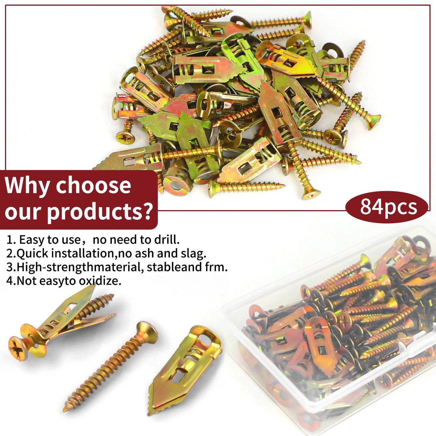 84Pcs Multipurpose Self-Drilling Anchor and Screw Assortment Kit Fasteners Tools Repair Accessories Safe and Easy Installation